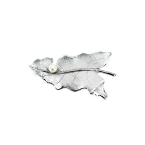 Vintage Harry S. Bick Japanese Saltwater Cultured Akoya Pearl Leaf Brooch- Sterling Silver