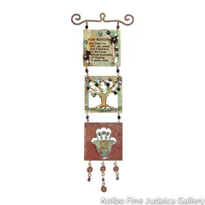 Wall Art, Home Blessing with Tree Of Life and Hamsa Design, Three Small Squares, Copper with Beading, Squares are 2" x 2"